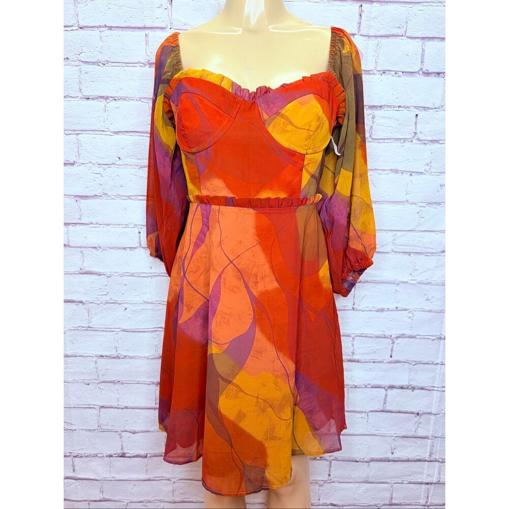 Hutch Womens Multicolor Abstract Puff Sleeve Sweetheart Neck Mini Dress Size 8